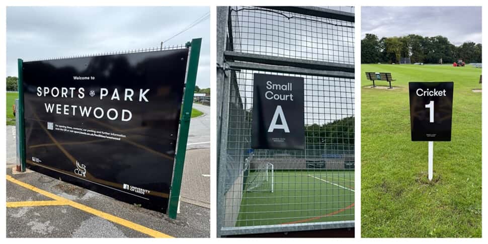 A collage of the Leeds University Sports park Weetwood exterior signage, including a cricket sign and a small court sign.